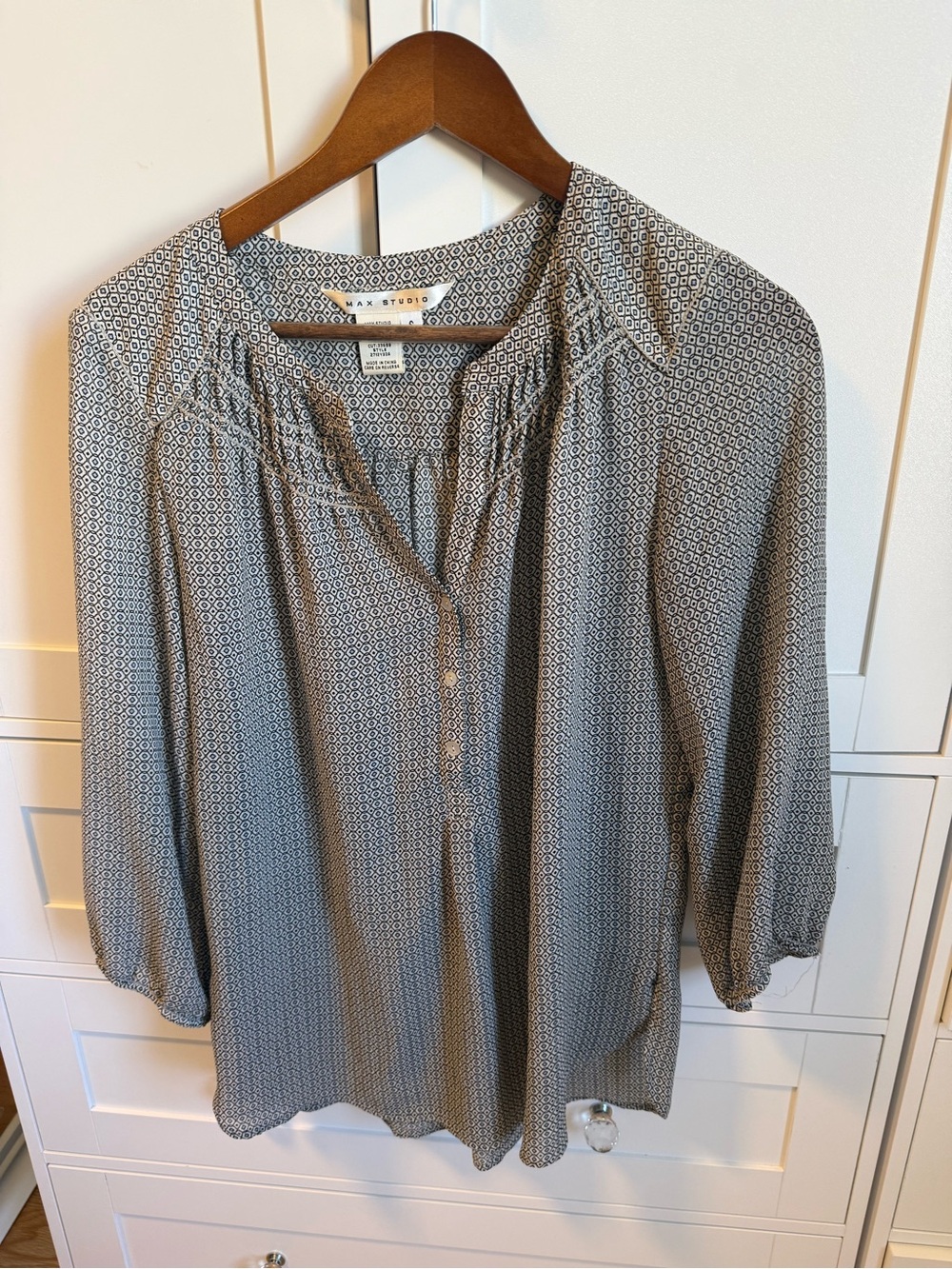 Max Studio Black and White Geometric Henley Blouse